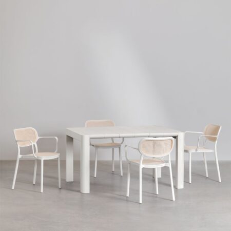 Set Tavolo Rettangolare Arnadine (140x100 cm) e 4 Sedie da Pranzo Impilabili con Braccioli Omara