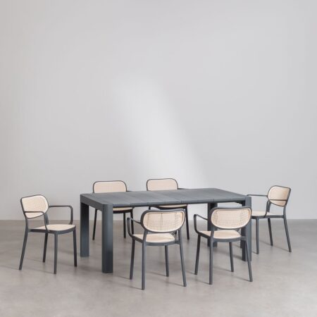 Set Tavolo Rettangolare Arnadine (180x100 cm) e 6 Sedie da Giardino Impilabili con Braccioli Omara