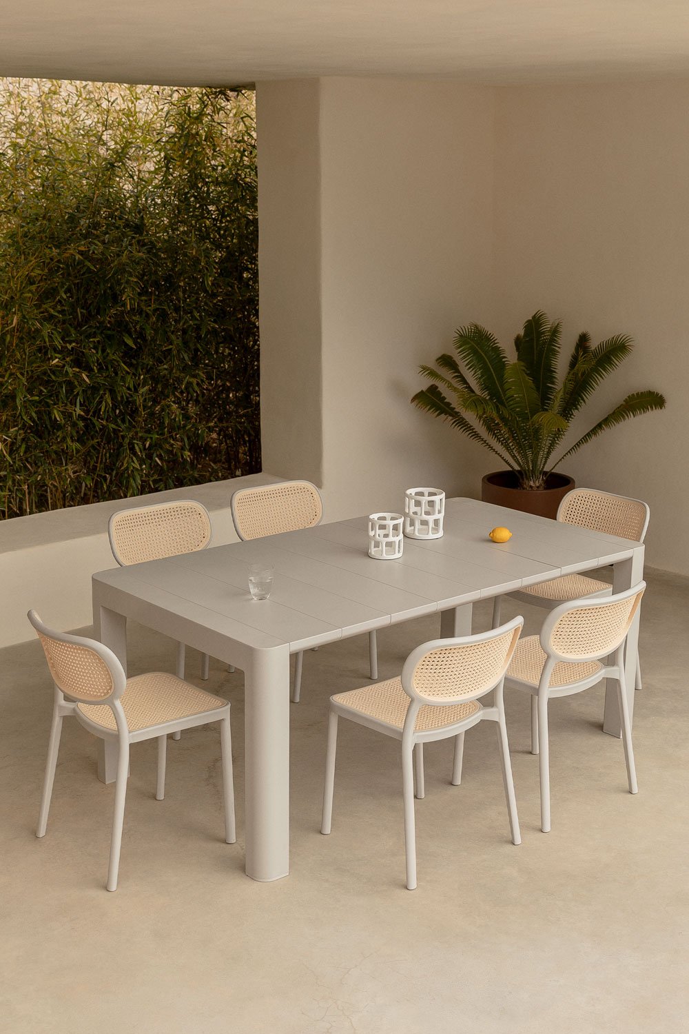 Set Tavolo Rettangolare Arnadine (180x100 cm) e 6 Sedie da Giardino Impilabili Omara