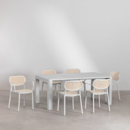 Set Tavolo Rettangolare Arnadine (180x100 cm) e 6 Sedie da Pranzo Impilabili con Braccioli Omara