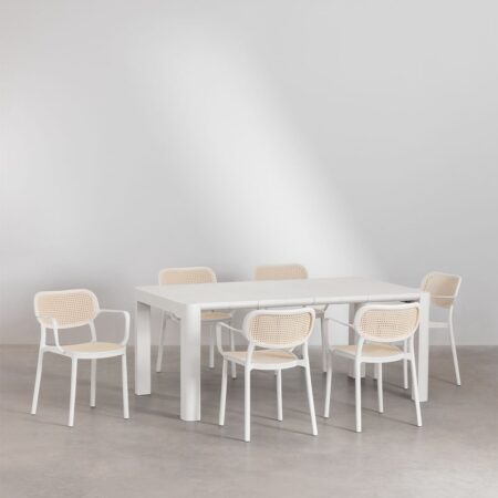 Set Tavolo Rettangolare Arnadine (180x100 cm) e 6 Sedie da Pranzo Impilabili con Braccioli Omara