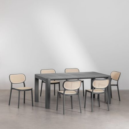 Set tavolo rettangolare Arnadine (180x100 cm) e 6 sedie da pranzo impilabili Omara