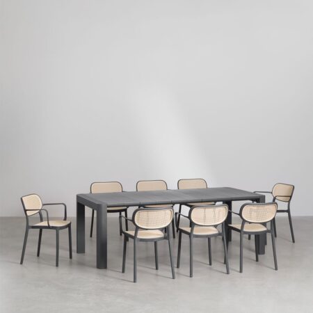 Set tavolo rettangolare Arnadine (220x100 cm) e 8 sedie da pranzo impilabili con braccioli Omara