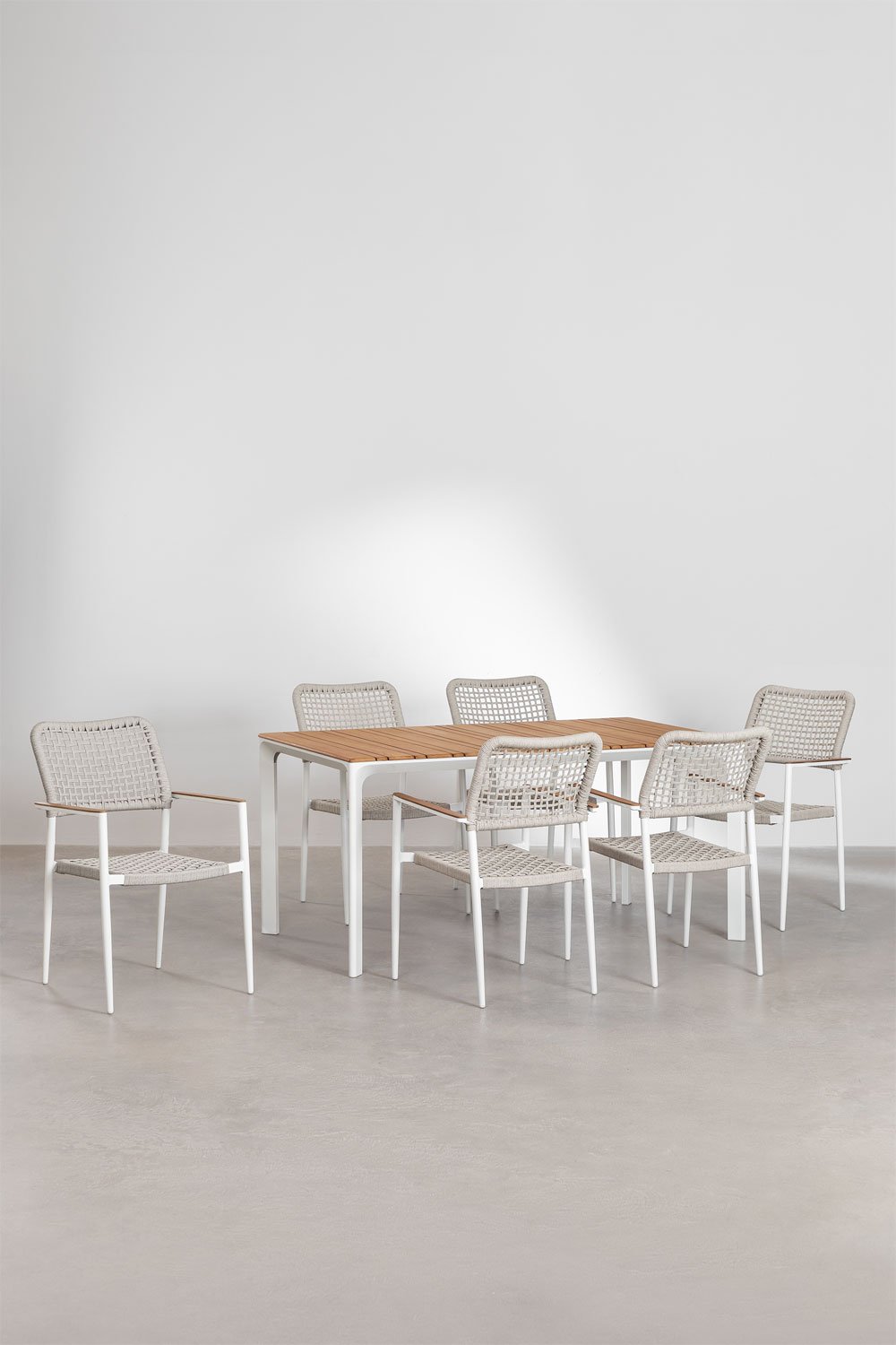 Set da Tavolo Rettangolare in Alluminio e Legno di Teak (160x90 cm) Katiana e 6 Sedie in Alluminio e Corda Intrecciata Nediam