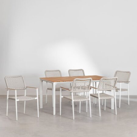 Set da Tavolo Rettangolare in Alluminio e Legno di Teak (160x90 cm) Katiana e 6 Sedie in Alluminio e Corda Intrecciata Nediam