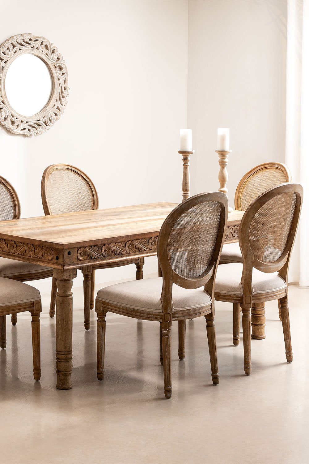 Set Tavolo Rettangolare in Legno di Mango (160x90 cm) Taraz  e 6 Sedie da Pranzo in Tessuto Sunna
