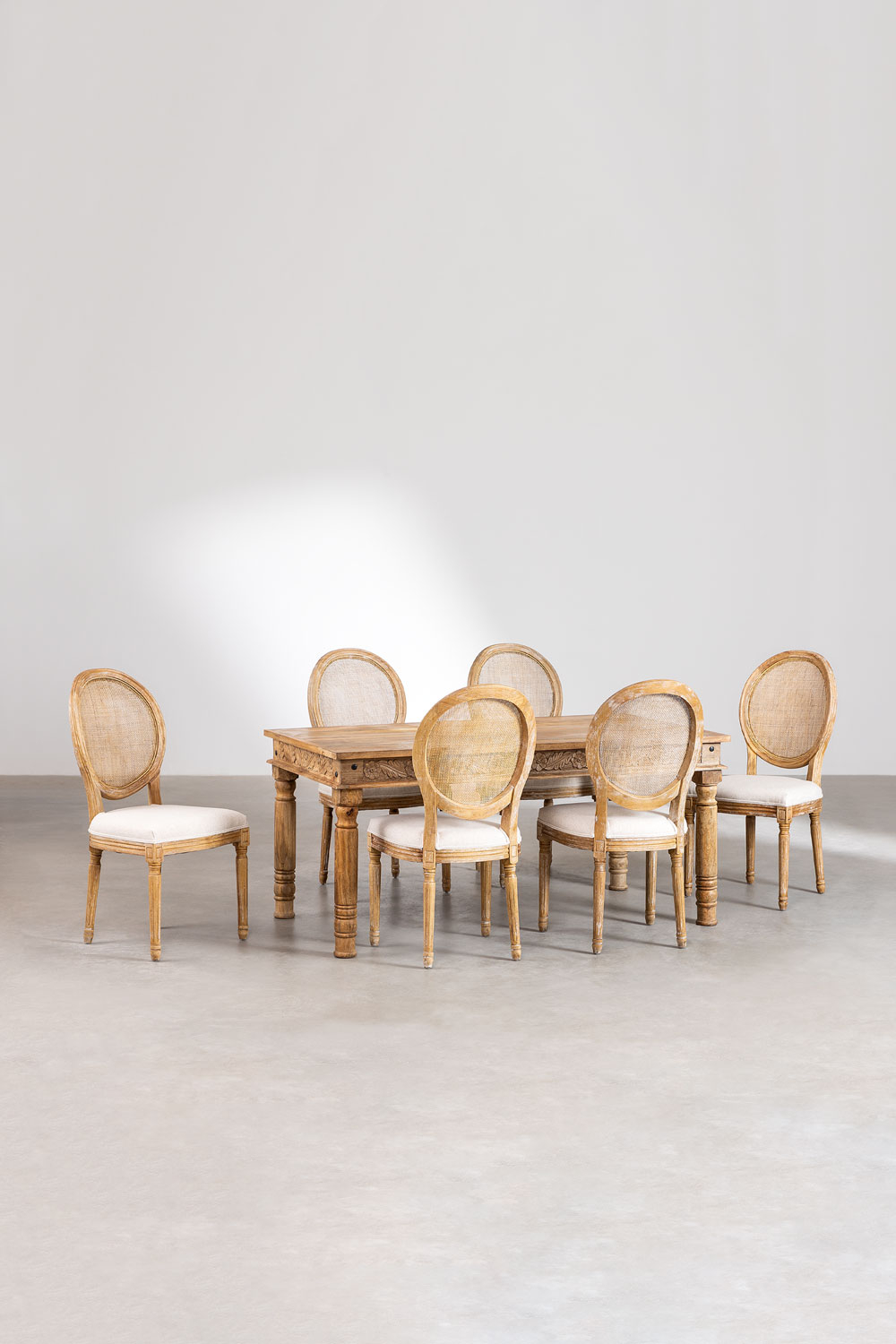 Set Tavolo Rettangolare in Legno di Mango (160x90 cm) Taraz  e 6 Sedie da Pranzo in Tessuto Sunna