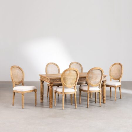 Set Tavolo Rettangolare in Legno di Mango (160x90 cm) Taraz  e 6 Sedie da Pranzo in Tessuto Sunna