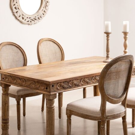 Set tavolo rettangolare in legno di mango Taraz (160x90 cm) e 4 sedie da pranzo in tessuto Sunna