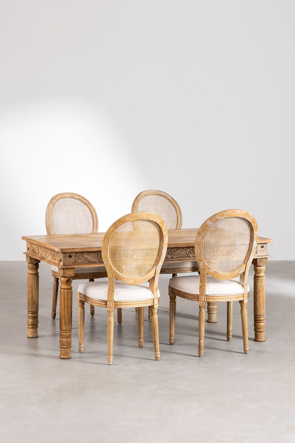 Set tavolo rettangolare in legno di mango Taraz (160x90 cm) e 4 sedie da pranzo in tessuto Sunna