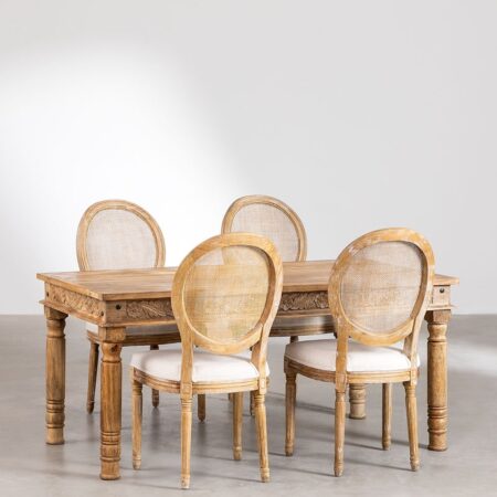 Set tavolo rettangolare in legno di mango Taraz (160x90 cm) e 4 sedie da pranzo in tessuto Sunna