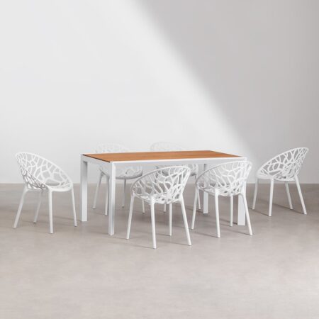 Set tavolo rettangolare in legno e alluminio Archer Classic (160x90 cm) e 6 sedie da giardino impilabili Ores