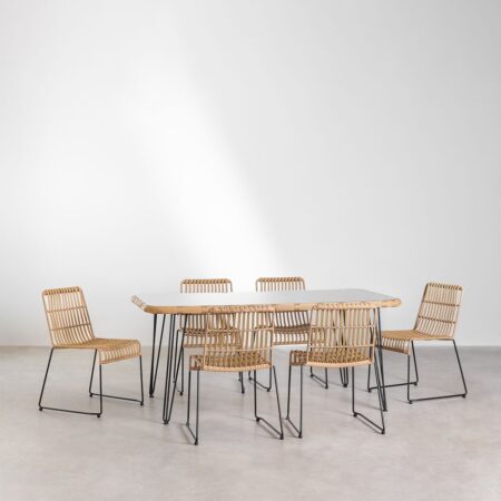 Set Tavolo Rettangolare in Vimini Sintetico (180x90 cm) Leribert e 6 Sedie da Giardino in Rattan Sintetico Aroa