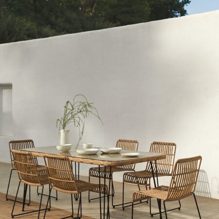 Set Tavolo Rettangolare in Vimini Sintetico (180x90 cm) Leribert e 6 Sedie da Giardino in Rattan Sintetico Aroa