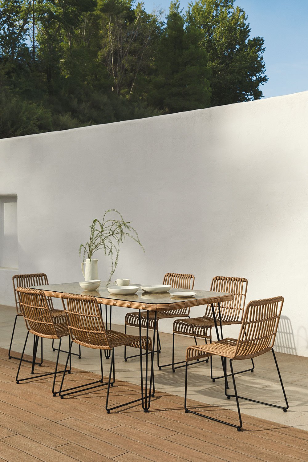 Set Tavolo Rettangolare in Vimini Sintetico (180x90 cm) Leribert e 6 Sedie da Giardino in Rattan Sintetico Aroa
