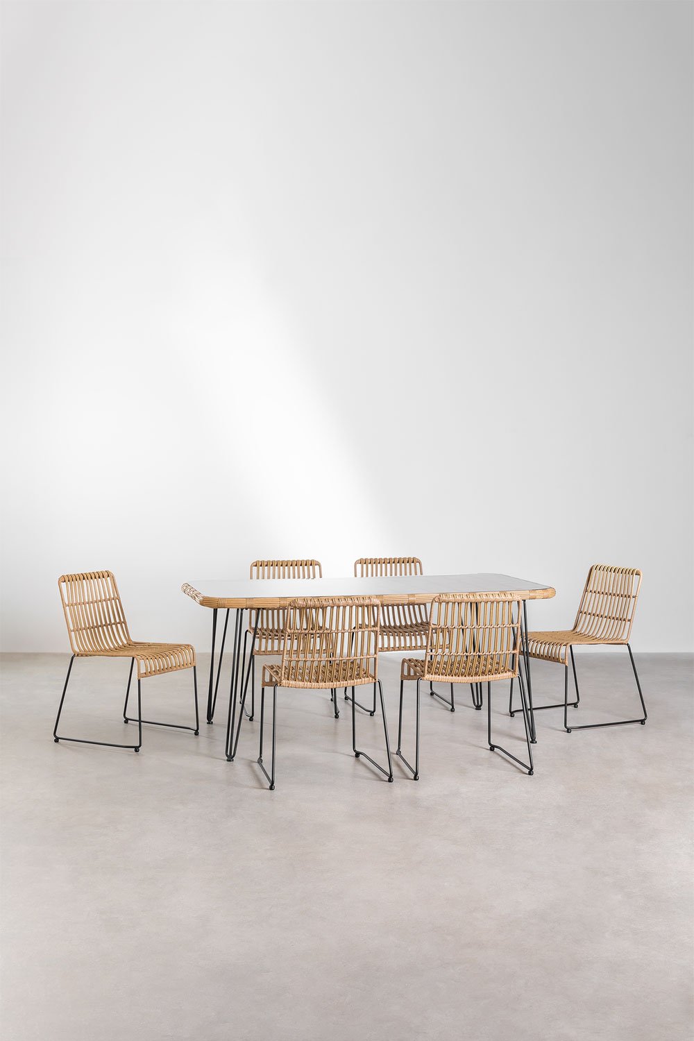 Set Tavolo Rettangolare in Vimini Sintetico (180x90 cm) Leribert e 6 Sedie da Giardino in Rattan Sintetico Aroa