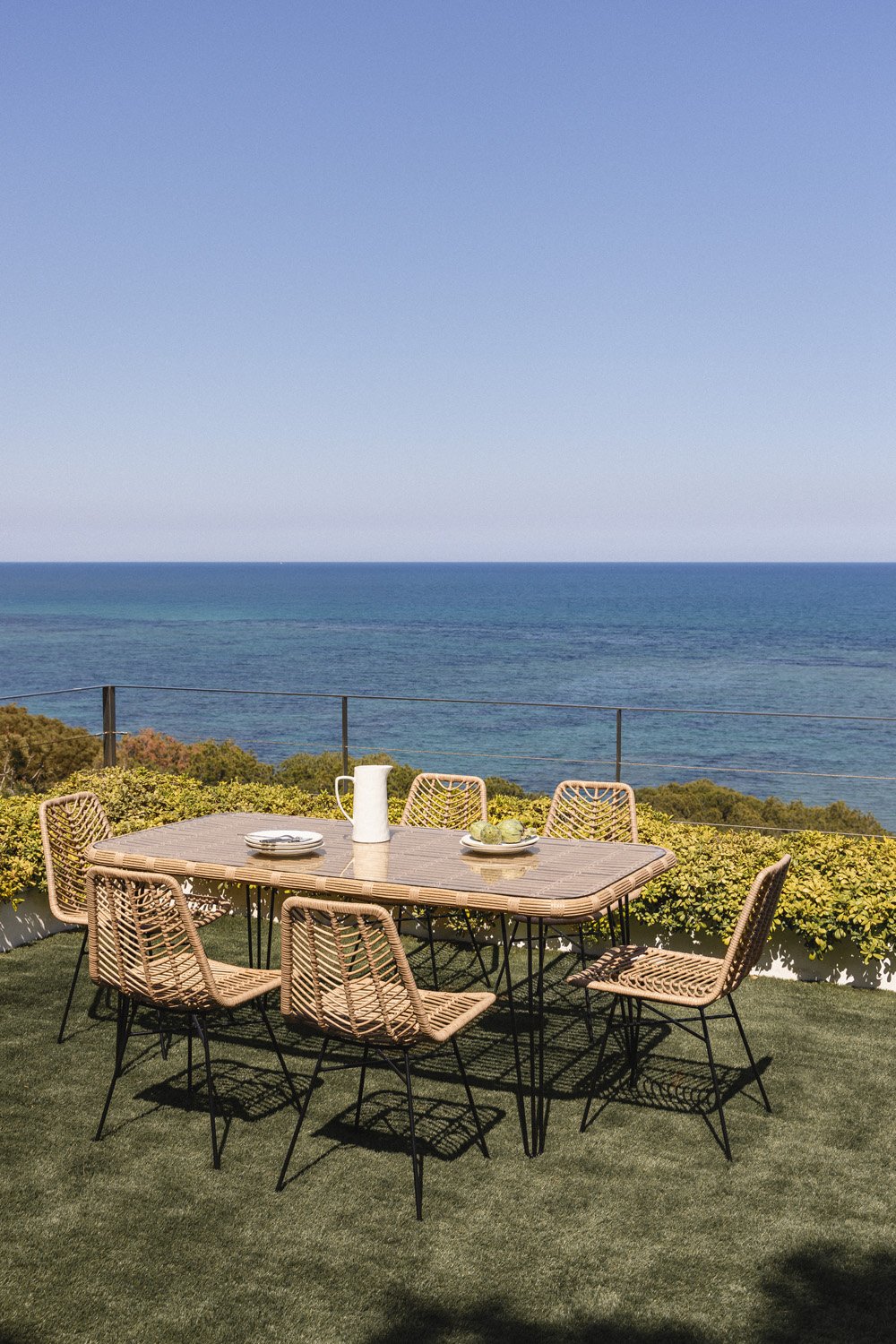 Set Tavolo Rettangolare in Vimini Sintetico (180x90 cm) Leribert e 6 Sedie da Giardino in Rattan Sintetico Natural Gouda