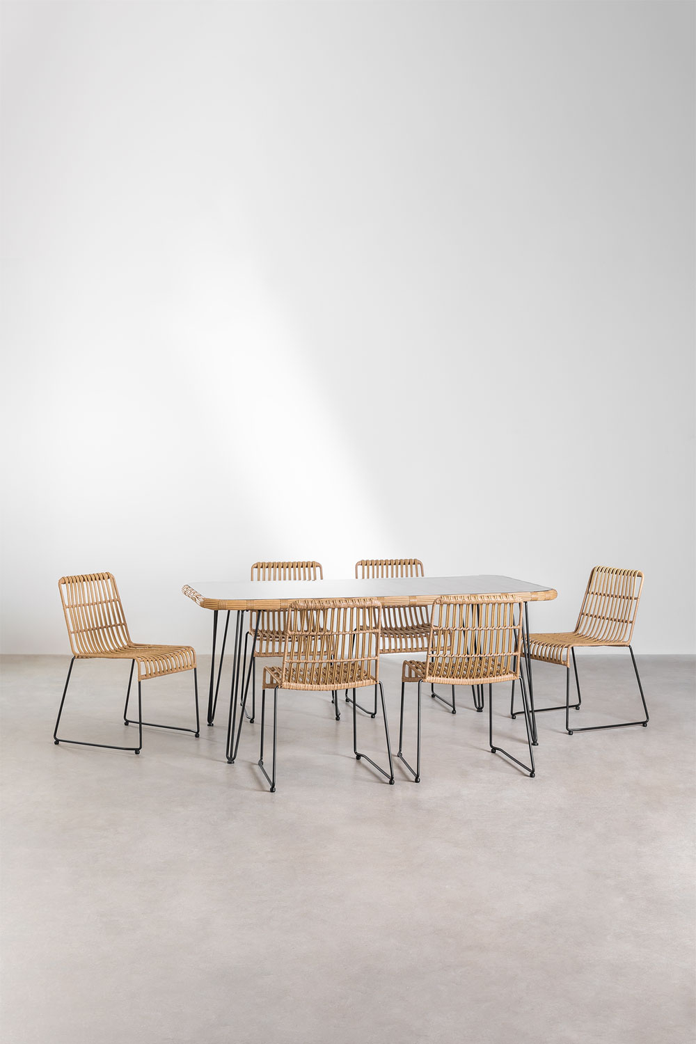 Set Tavolo Rettangolare in Vimini Sintetico (180x90 cm) Leribert e 6 Sedie da Pranzo in Rattan Sintetico Aroa