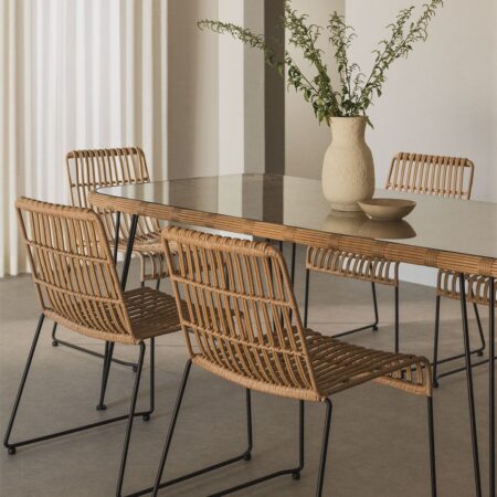 Set Tavolo Rettangolare in Vimini Sintetico (180x90 cm) Leribert e 6 Sedie da Pranzo in Rattan Sintetico Aroa