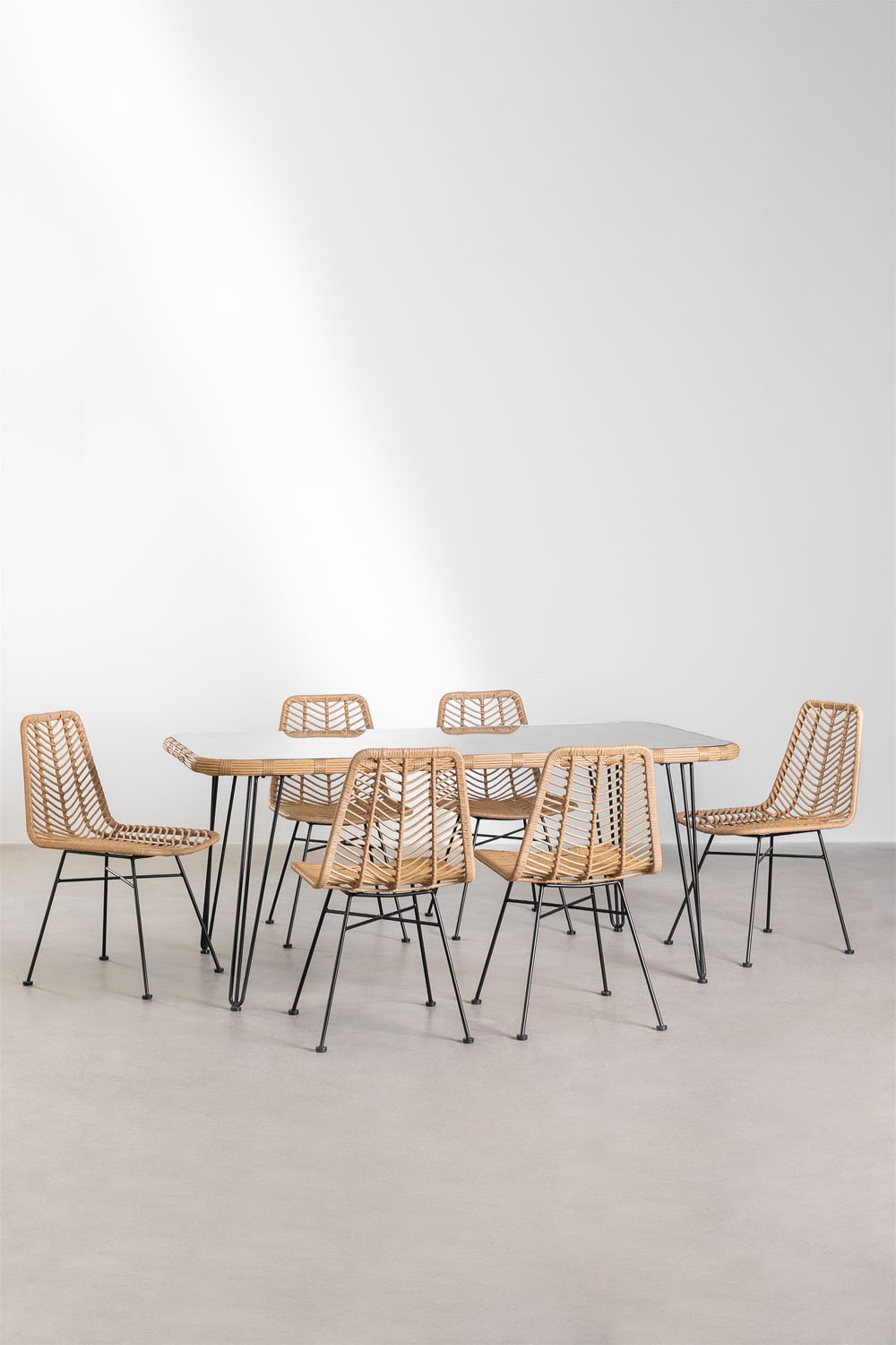 Set Tavolo Rettangolare in Vimini Sintetico (180x90 cm) Leribert e 6 Sedie da Pranzo in Rattan Sintetico Natural Gouda