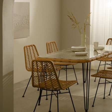 Set Tavolo Rettangolare in Vimini Sintetico (180x90 cm) Leribert e 6 Sedie da Pranzo in Rattan Sintetico Natural Gouda