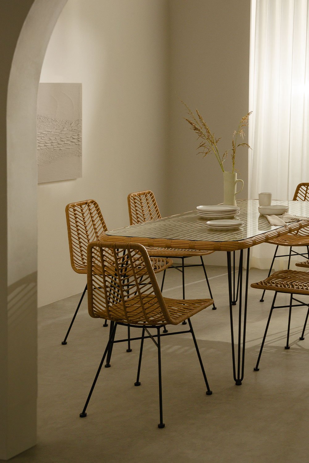 Set Tavolo Rettangolare in Vimini Sintetico (180x90 cm) Leribert e 6 Sedie da Pranzo in Rattan Sintetico Natural Gouda