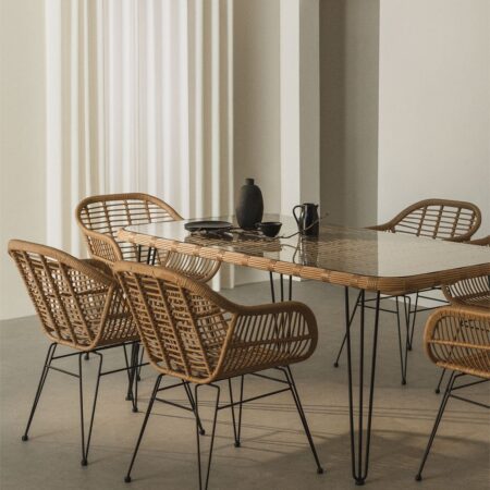 Set tavolo rettangolare in vimini sintetico Leribert (180x90 cm) e 6 sedie da pranzo Zole in vimini sintetico