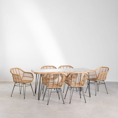 Set tavolo rettangolare in vimini sintetico Leribert (180x90 cm) e 6 sedie da pranzo Zole in vimini sintetico