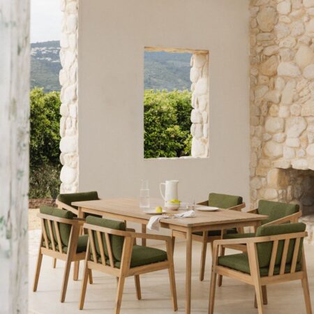 Set tavolo rettangolare Kaela (180x90 cm) e 6 sedie da giardino in legno di acacia