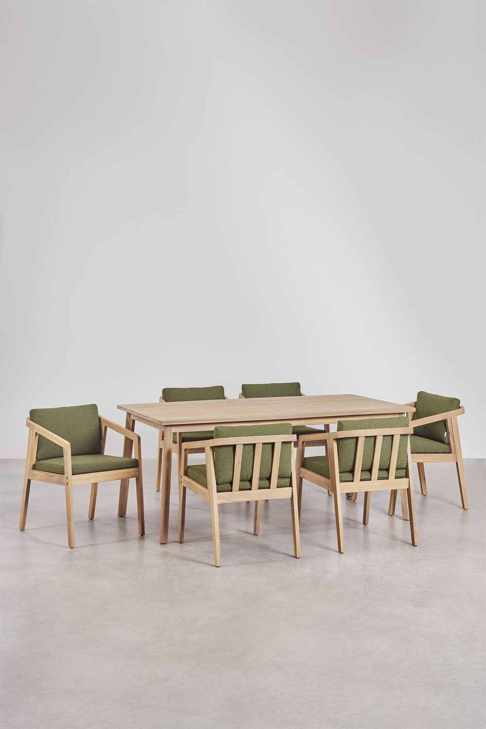 Set tavolo rettangolare Kaela (180x90 cm) e 6 sedie da giardino in legno di acacia