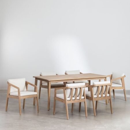 Set tavolo rettangolare (180x90 cm) e 6 sedie da giardino in legno di acacia Kaela