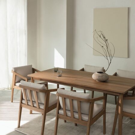 Set tavolo rettangolare (180x90 cm) e 6 sedie da pranzo in legno di acacia Kaela