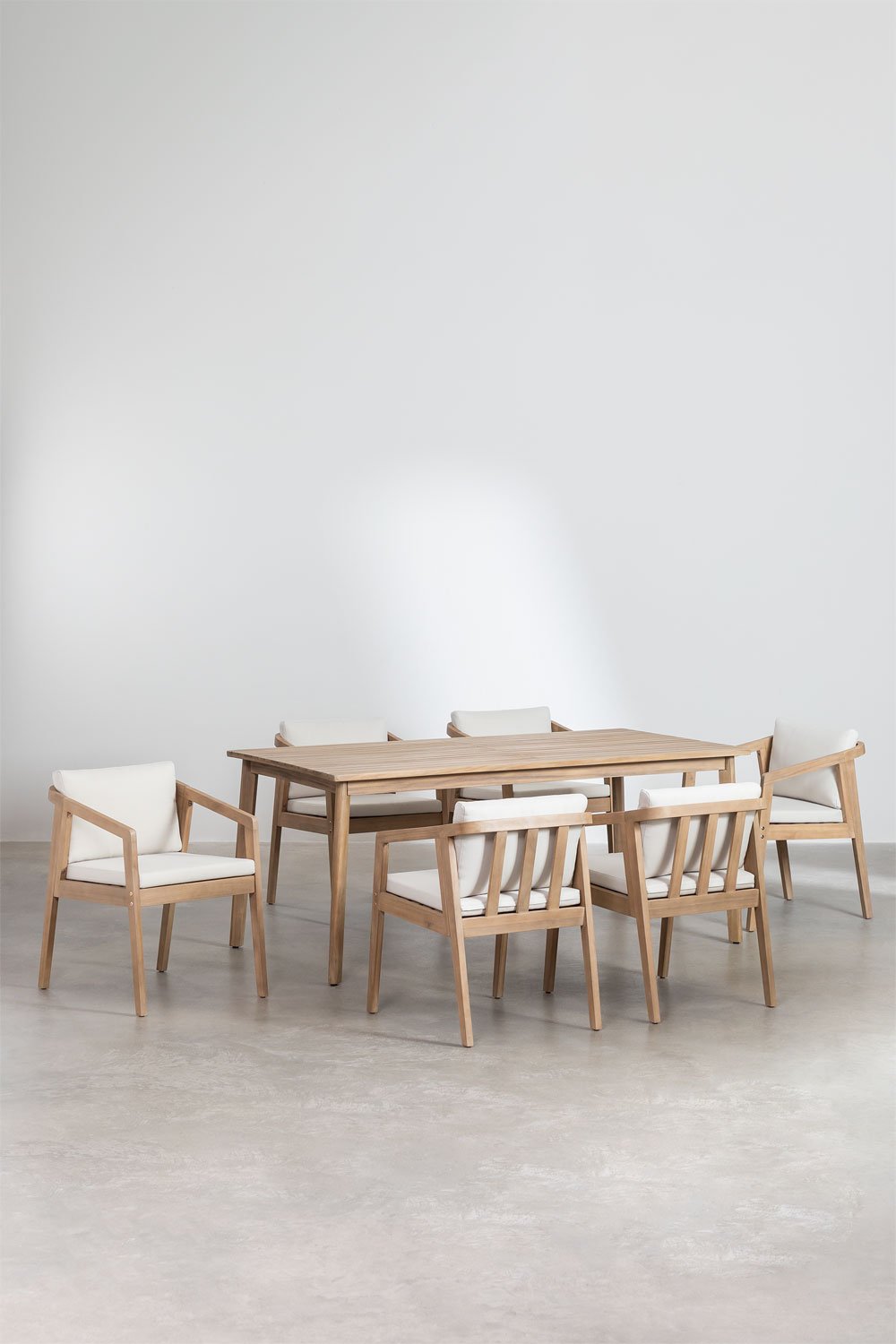 Set tavolo rettangolare (180x90 cm) e 6 sedie da pranzo in legno di acacia Kaela