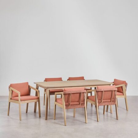 Set tavolo rettangolare 180x90 cm e 6 sedie da pranzo in legno di acacia e corda intrecciata Kaela