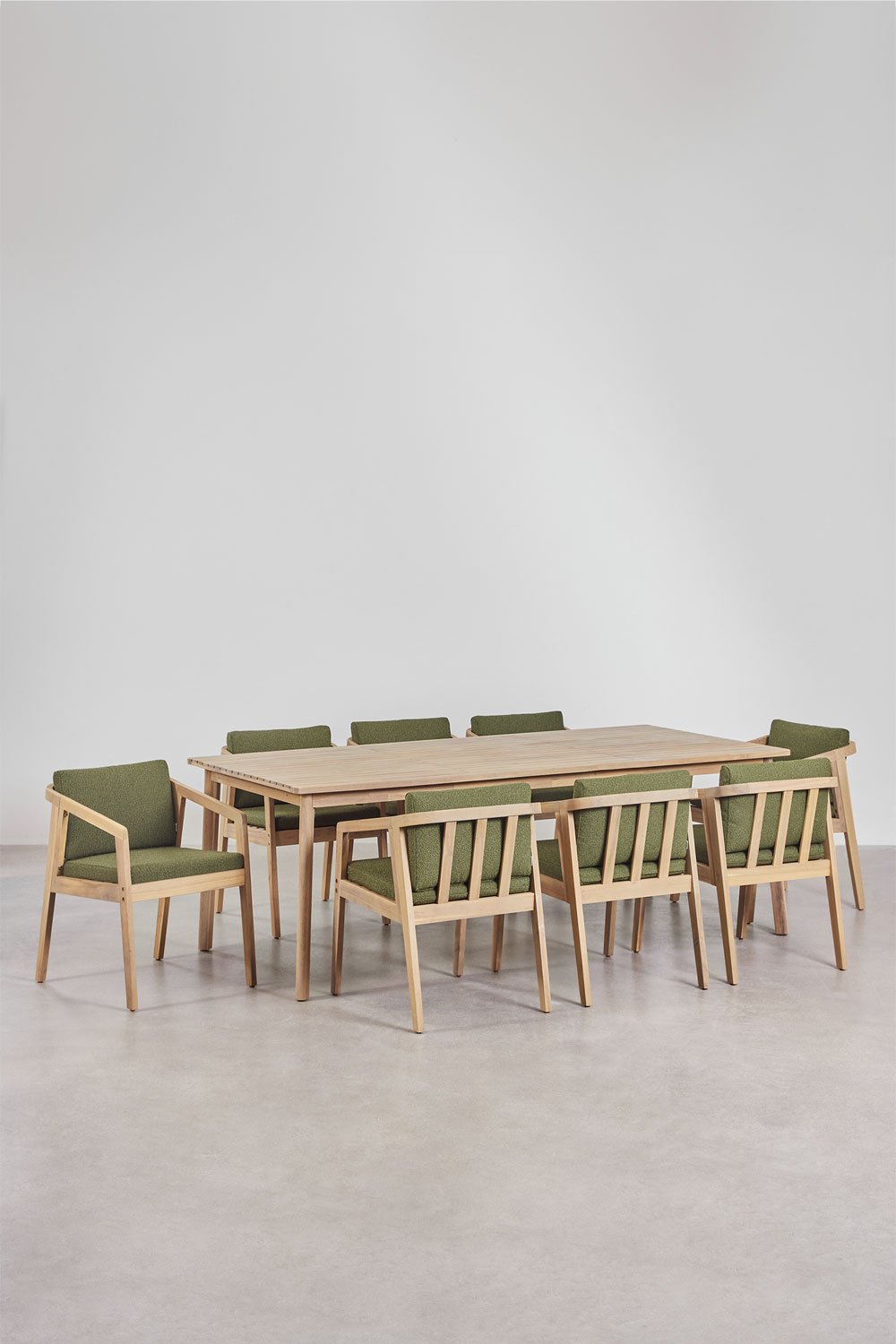 Set tavolo rettangolare (220x100 cm) e 8 sedie da giardino in legno di acacia Kaela
