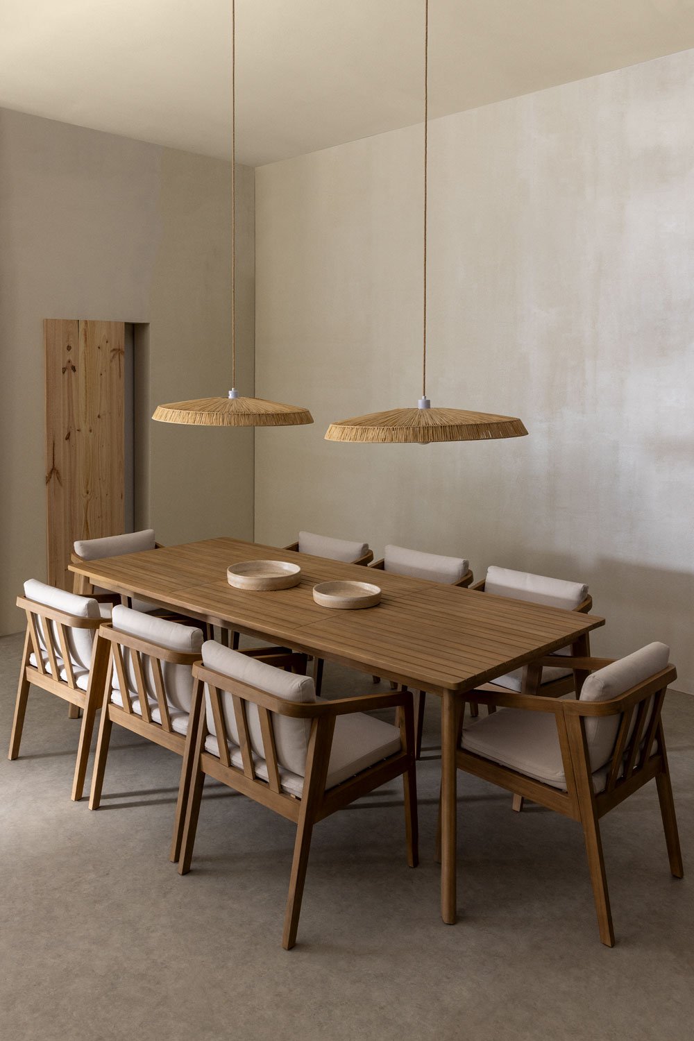 Set tavolo rettangolare Kaela (220x100 cm) e 8 sedie da pranzo in legno di acacia