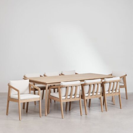 Set tavolo rettangolare Kaela (220x100 cm) e 8 sedie da pranzo in legno di acacia
