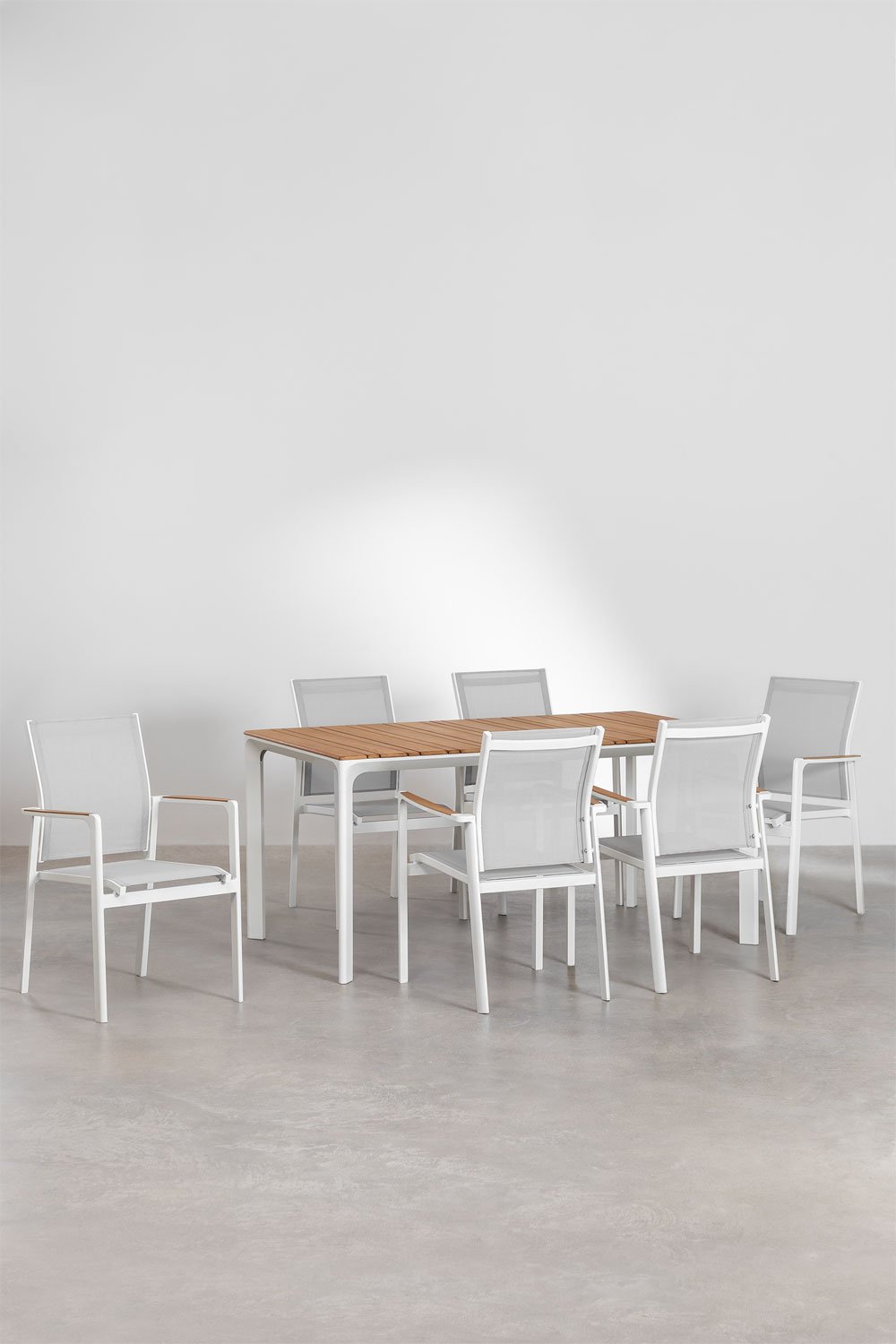 Set Tavolo Rettangolare Katiana in Alluminio e Legno Teak (160x90 cm) e 6 Sedie da Giardino in Alluminio Elvira