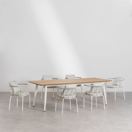 Set tavolo rettangolare Lowel in legno di teak e acciaio (240x100 cm) e 6 sedie da pranzo Boucid con braccioli