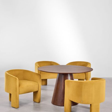 Set tavolo rotondo Aura impiallacciato in noce (Ø120 cm) e 4 sedie da pranzo Xastru in velluto