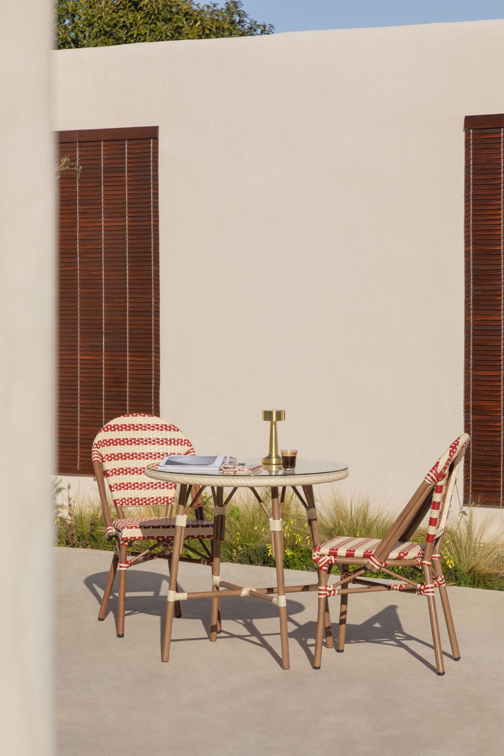 Set tavolo rotondo Brielle Bistro Ø80 cm e 2 sedie da giardino impilabili in rattan sintetico e alluminio Solange Bistro