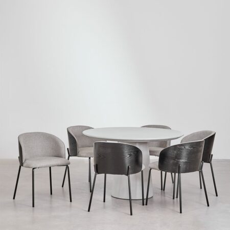 Set tavolo rotondo in cemento Noemi (Ø120 cm) e 6 sedie da pranzo imbottite in legno Amieva