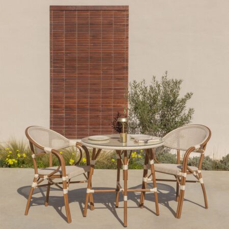 Brielle Bistro set tavolo rotondo Ø80 cm e 2 sedie da giardino impilabili con braccioli in textilene e alluminio