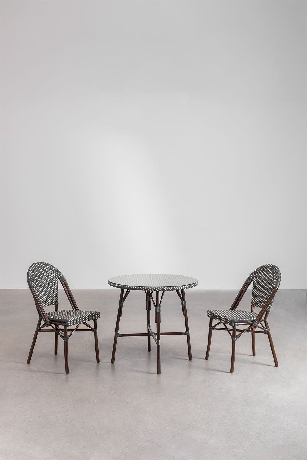Set tavolo rotondo Ø80 cm e 2 sedie da giardino impilabili in alluminio e rattan sintetico Brielle Bistro