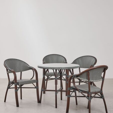 Set tavolo rotondo Ø80 cm e 4 sedie da giardino impilabili con braccioli in alluminio Brielle Bistro