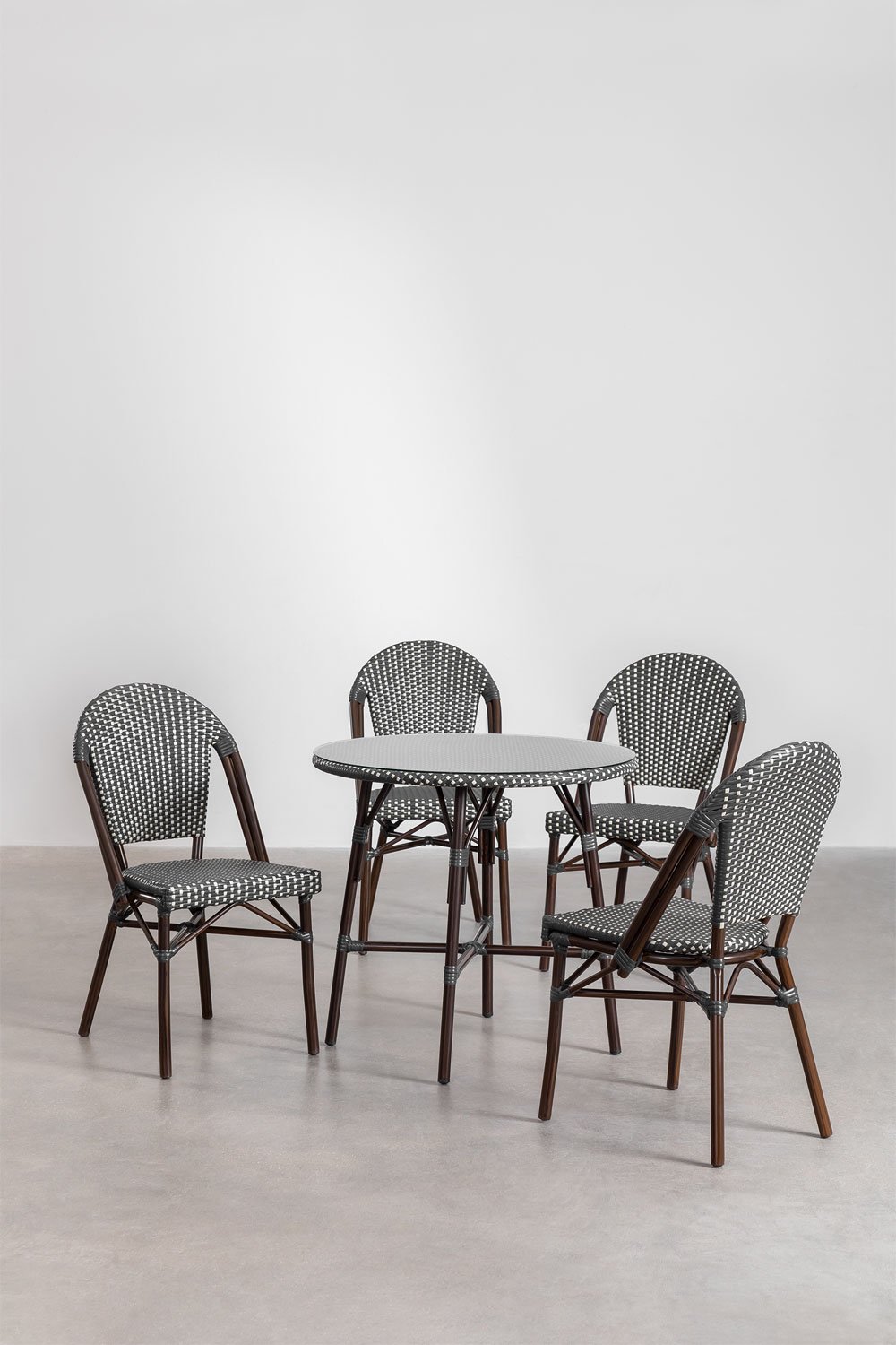 Set tavolo rotondo Ø80 cm e 4 sedie da giardino impilabili in alluminio e rattan sintetico Brielle Bistro
