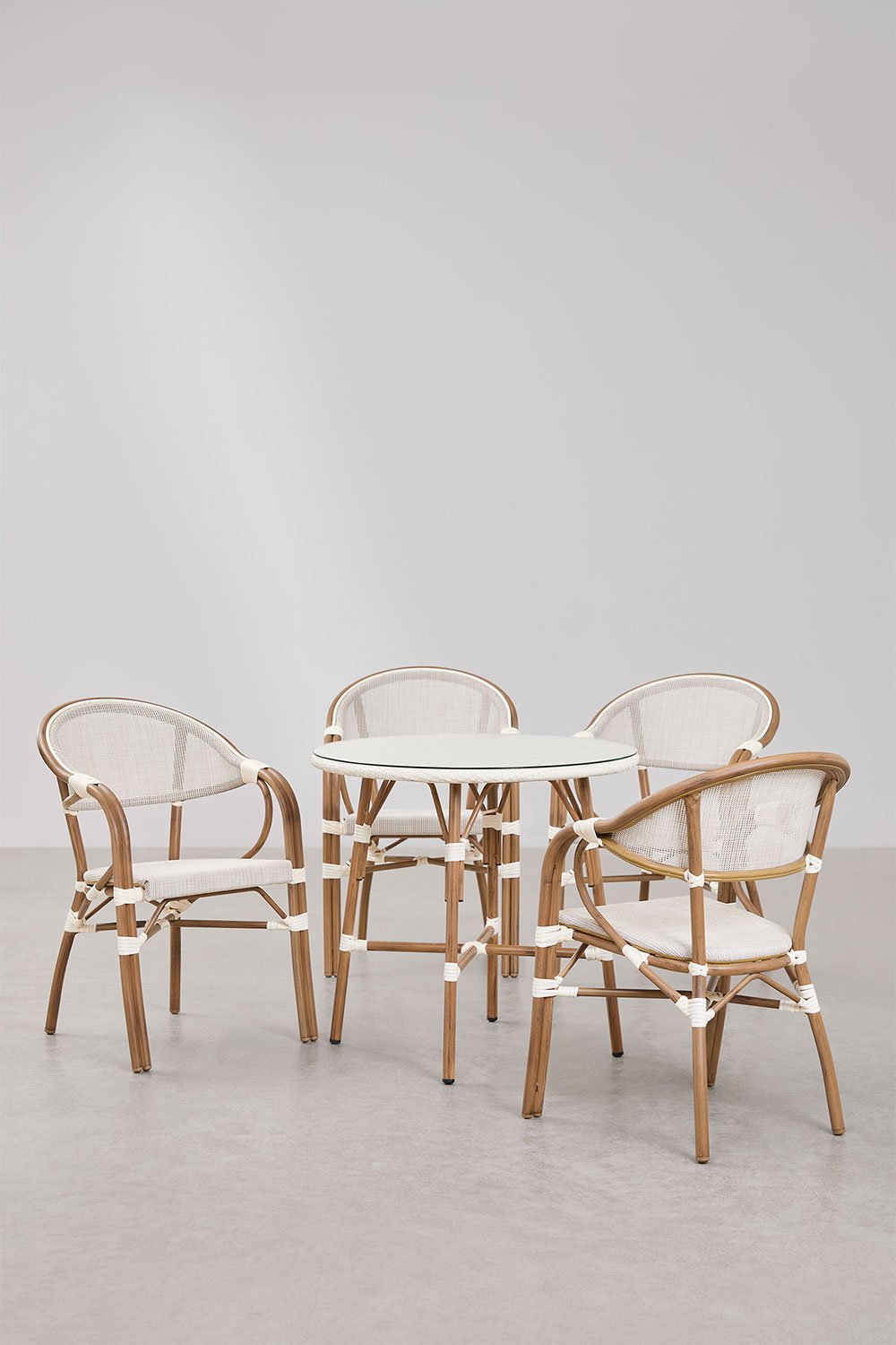 Set tavolo rotondo Ø80 cm e 4 sedie impilabili con braccioli in textilene e alluminio Brielle Bistro