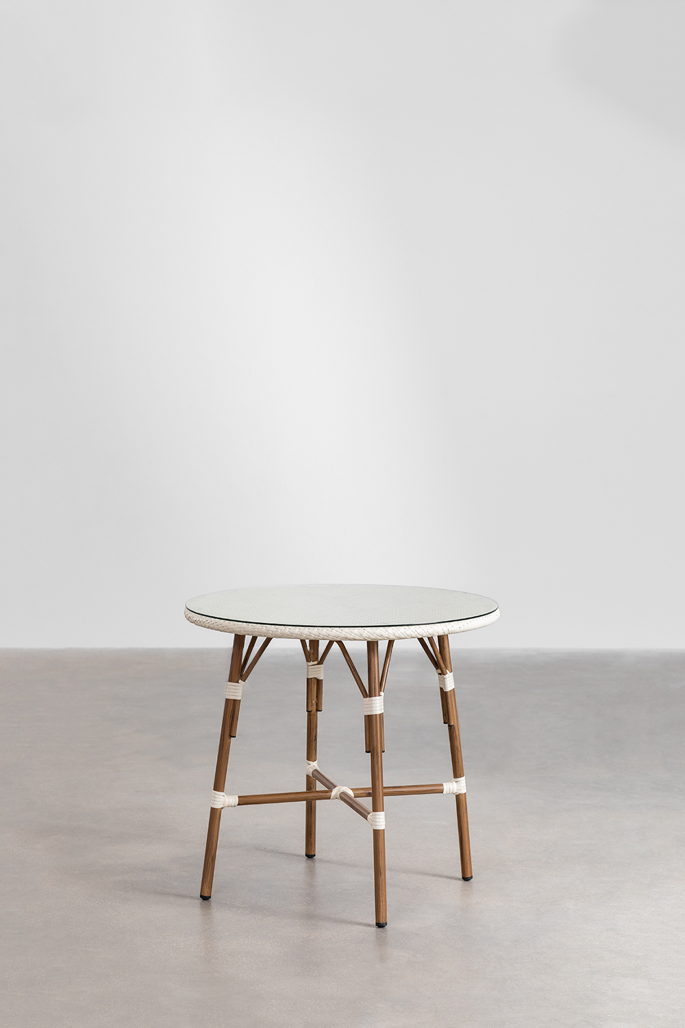 Set tavolo rotondo Ø80 cm e 4 sedie impilabili con braccioli in textilene e alluminio Brielle Bistro