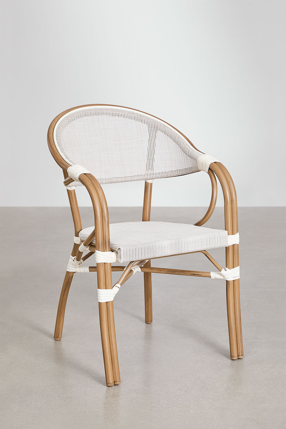 Set tavolo rotondo Ø80 cm e 4 sedie impilabili con braccioli in textilene e alluminio Brielle Bistro