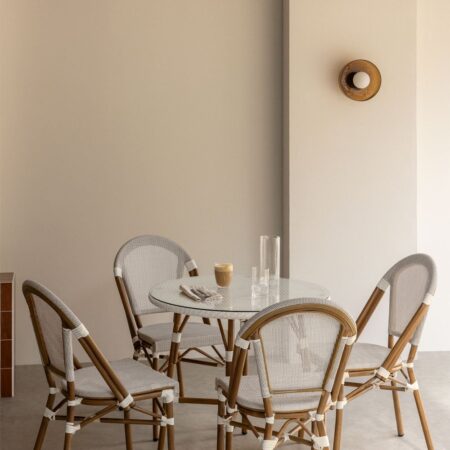Set tavolo rotondo Ø80 cm e 4 sedie impilabili in textilene e alluminio Brielle Bistro